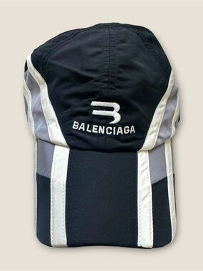 Balenciaga Racing Embroidered Logo Gray Stripe Baseball Cap Hat Black Size L